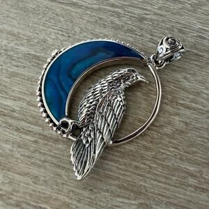 Raven in Crescent Moon Pendant 925 Sterling Silver Blue Shell Inlay